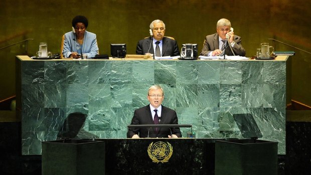 Kevin Rudd, as foreign minister, addresses the United Nations General Assembly in 2010.