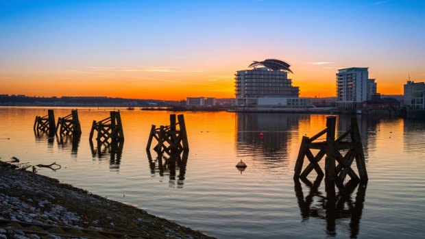 St David's Hotel and Spa at sunset, Cardiff Bay. 