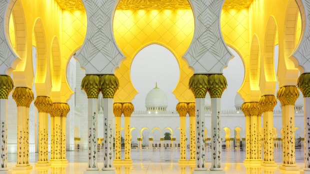 Arches surrounding the central courtyard of Sheikh Zayed Grand Mosque, Abu Dhabi.