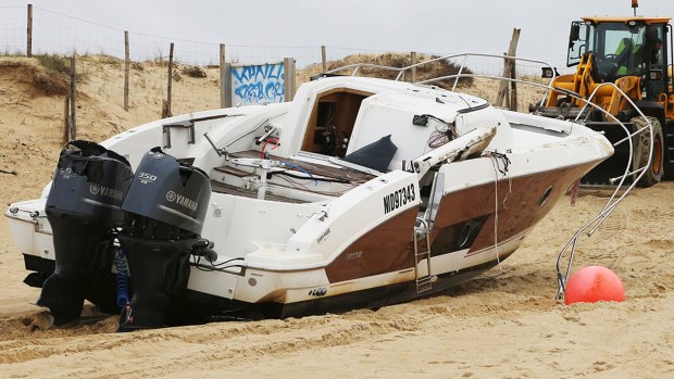 The speedboat belonging to Quiksilver CEO Pierre Agnes washed up on the beach at Hossegor.