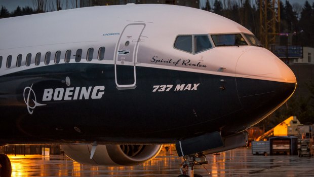 The Boeing 737 MAX airplane stands outside the company's manufacturing facility in Renton, Washington.
