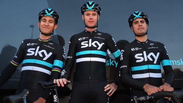 Team Sky riders (l to r) Michal Kwiatkowski of Poland, Chris Froome of Great Britain and Mikel Landa of Spain pose for a photo ahead of a media day training ride in Mallorca on Tuesday.
