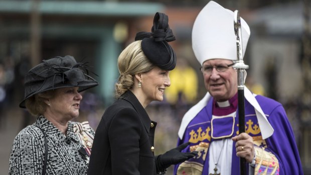 Sophie, Countess of Wessex is greeted at Leicester Cathedral by The Right Reverend Tim Stevens, Bishop of Leicester, for the ceremony.