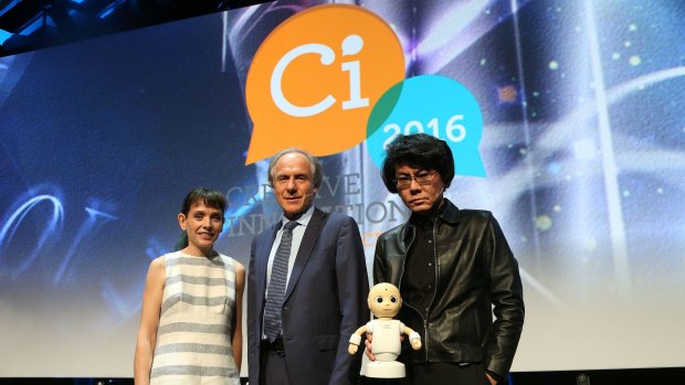 NASA scientist Abigail Allwood, Chief Scientist Alan Finkel and Japanese roboticist Hiroshi Ishiguro (with robot) at Creative Innovation 2016 in Melbourne.