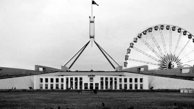 Canberra's skyline enhanced by its Ferris wheel. 
