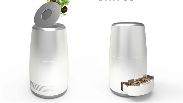 The Scraps Snacks appliance blends and dehydrates food waste, converting it into dry pellets for cats and dogs.