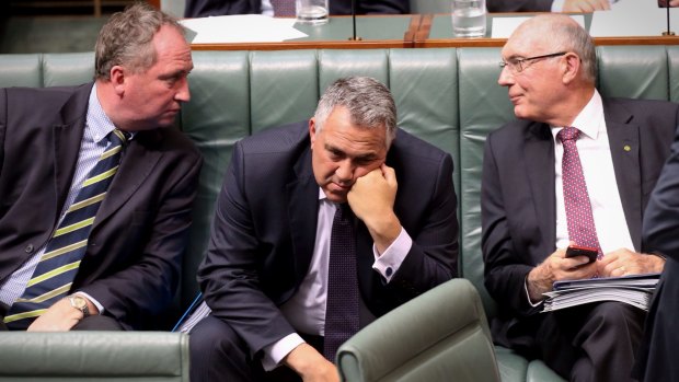 Treasurer Joe Hockey, centre, with Agriculture Minister Barnaby Joyce and Deputy Prime Minister Warren Truss, have sacrificed manufactuing industries for an optimistic punt on agriculture.
