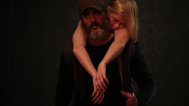 Joaquin Phoenix as Joe and Ekaterina Samsonov, who has been kidnapped,  in You Were Never Really Here.