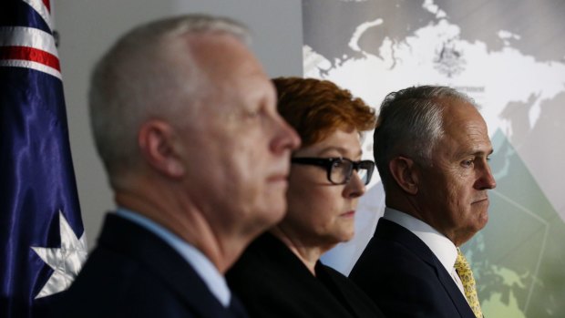 Prime Minister Malcolm Turnbull launches the 2016 Defence white paper at ADFA in Canberra with Chief of Defence Force Mark Binskin and Defence Minister Marise Payne.