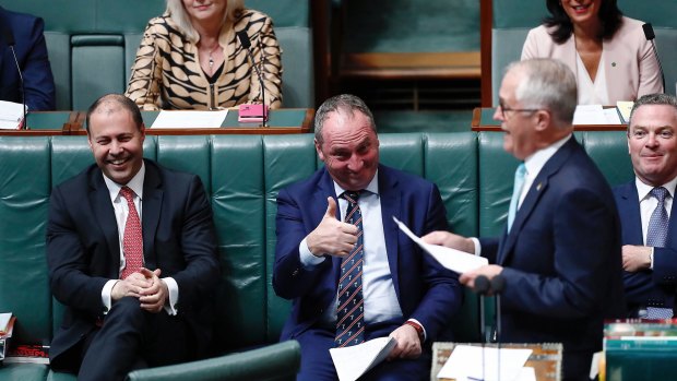 Environment and Energy Minister Josh Frydenberg, Deputy Prime Minister Barnaby Joyce and Prime Minister Malcolm Turnbull during question time on Wednesday.