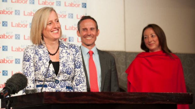 Labor Senator Katy Gallagher, with MPs Andrew Leigh and Gai Brodtmann.