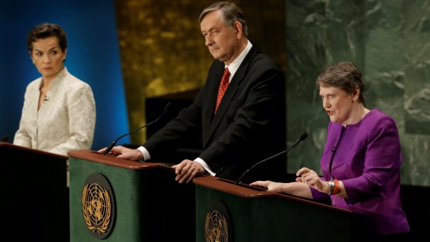 From left: Former UN climate chief Christiana Figueres, former Slovenian president Danilo Turk, and former NZ PM Helen Clark during a debate between candidates vying to be the next UN Secretary General in July. 