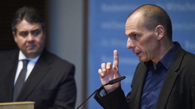 Nope: German minister of economic affairs Sigmar Gabriel, left, with Greece's new finance minister Yanis Varoufakis.