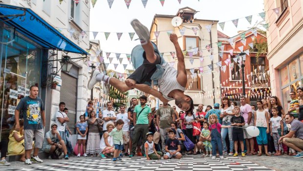Teenagers perform break-dancing at the Kapana street festival in Plovdiv, Bulgaria.