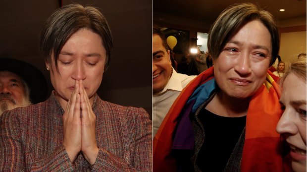 Senator Penny Wong before and after the result on Wednesday.