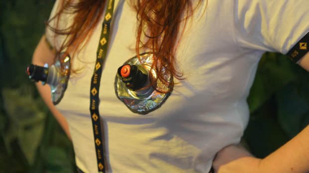 Lia Tabrah made herself a ''goon boob'' T-shirt from a cask wine goon bag.