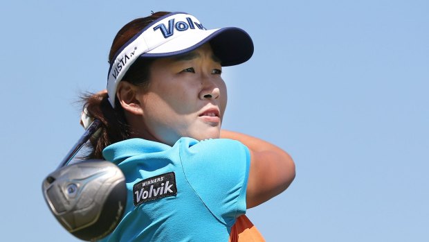 Strong start: Leader Ilhee Lee hits a tee shot on day one of the Australian Open at Royal Melbourne.