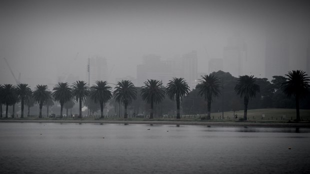 The city has disappeared under a blanket of fog as seen from Albert Park Lake.