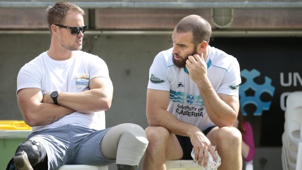 Training for the future: Kayaker Curtis McGrath chats to ACT Brumbies’ Scott Fardy.