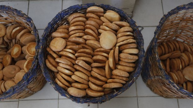 Baskets of bread made by soldiers of the Miraflores army barracks sit for distribution in La Paz, Bolivia.