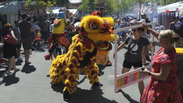 A Chinese lion weaves its way through the crowd at the multicultural festival.