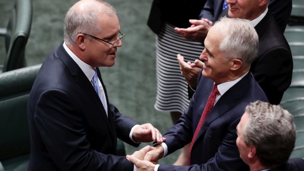 Scott Morrison and Malcolm Turnbull after the Treasurer's budget address.