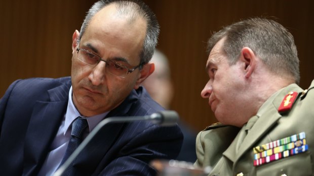 Michael Pezzullo, Secretary of the Department of Immigration and Border Protection, and Major-General Andrew Bottrell, Commander of Operation Sovereign Borders Joint Task Force, appear before the Legal and Constitutional Affairs References Committee.