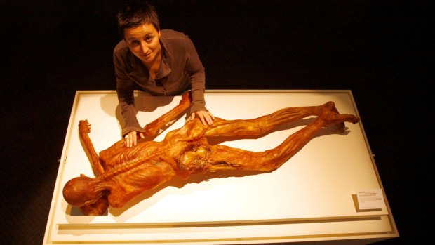 Dr Angelika Fleckinger with a replilca of Otzi the famous iceman.