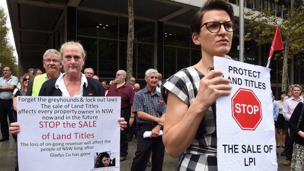 Protesters in Martin Place demonstrating against the NSW government's privatisation of Land and Property Information.