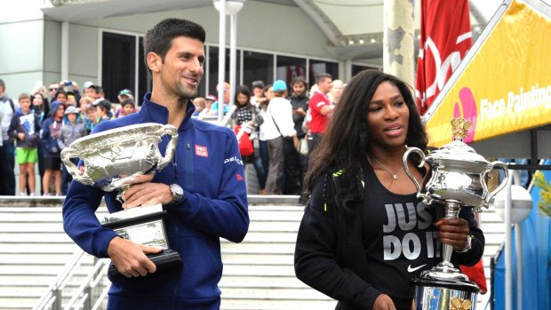The 2015 Australian Open winners Novak Djokovic and Serena Williams at the 2016 draw on Friday.