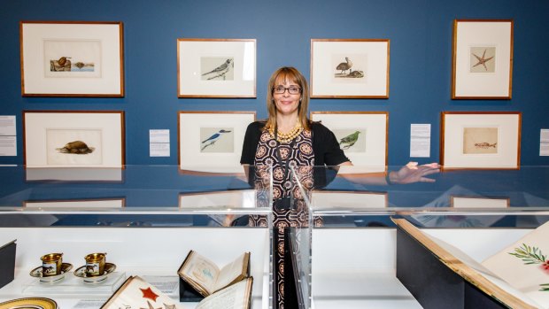 Curator Cheryl Crilly with her exhibition "The Art of Science: Baudin's Voyagers 1800 -1804" at the National Museum of Australia.