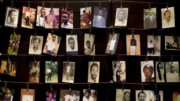 Family photographs of some of those who died hang in a display in the Kigali Genocide Memorial Centre in Kigali, Rwanda, in April. 