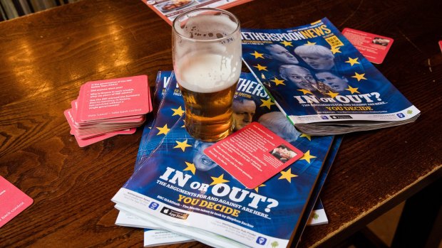 Brexit campaign paraphernalia in a London pub. 