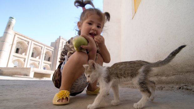 A young girl playing with a kitten in the old city of Khiva, Uzbekistan.