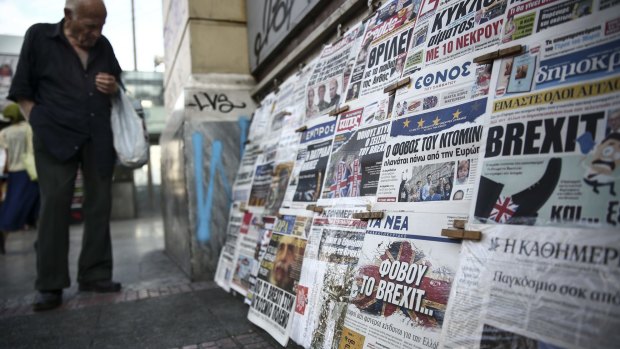 Brexit headlined newspapers on sale outside a kiosk in Athens.