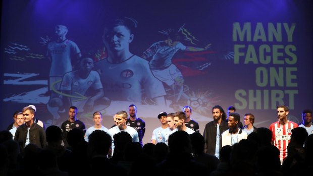 Melbourne City players on stage for the 2017/18 kit launch.