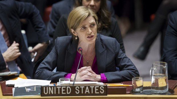 The US ambassador to the UN Samantha Power addresses the UN Nations Security Council, after the council voted on condemning Israel's settlements.