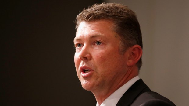 Collingwood chief executive Gary Pert speaks to the media on Monday.
