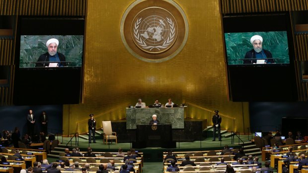 Iranian President Hassan Rouhani delivers his speech to the United Nations General Assembly on Wednesday.