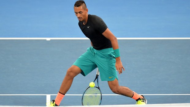 Nick Kyrgios in a practice session ahead of the Davis Cup quarter finals in Brisbane on Friday.