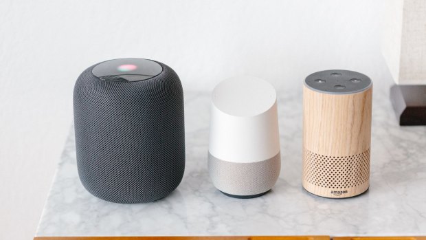 From left, the Apple HomePod, Google Home and Amazon's Alexa.