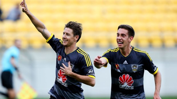 Easy does it: Phoenix's Nathan Burns celebrates another goal against Melbourne City.