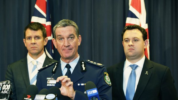 Resolute: Premier Mike Baird, NSW Police Commissioner Andrew Scipione and Police Minister Stuart Ayres addressing the media.