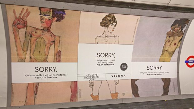 The offending posters in London's underground with the banner "Sorry, 100 years old but too daring today."