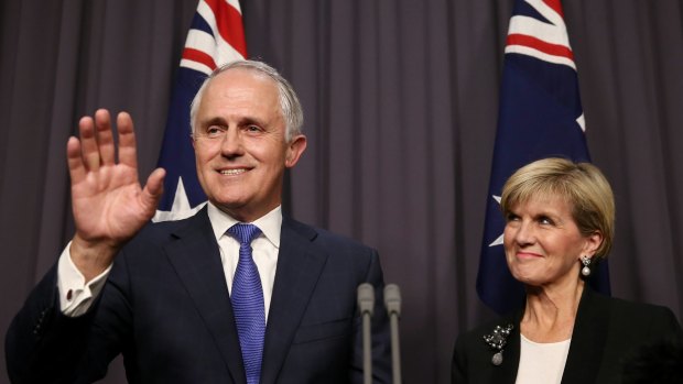 Malcolm Turnbull was accompanied by his deputy Julie Bishop (pictured) and wife Lucy, having just delivered his first press conference as Prime Minister, when he had the insult hurled at him.