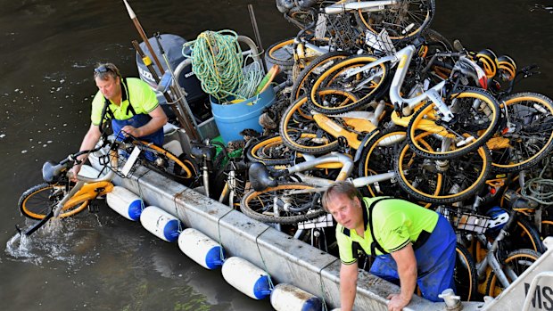 Contractors dragged a bargefull of oBikes from the Yarra last month.