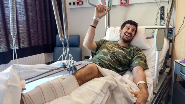 Brazilian-Belgian basketball player Sebastien Bellin, who was injured in the Brussels airport attacks, rests in at Erasmus University Hospital in Brussels on Sunday.
