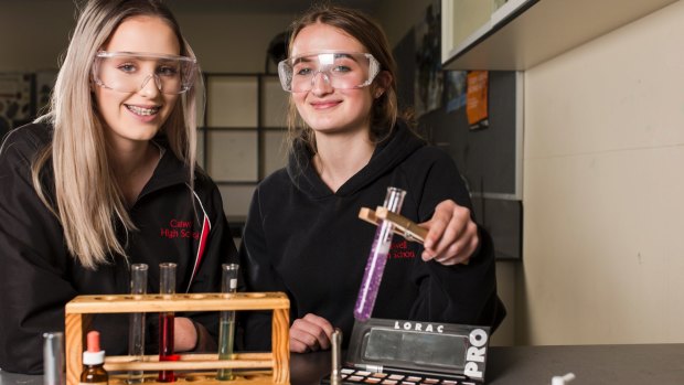 Calwell High School year 9 students Morgan Emerson and Victoria Buckle are in a science class that uses cosmetic beauty theories.