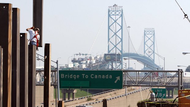 The Ambassador Bridge linking Detroit, Michigan, with Windsor, Ontario.