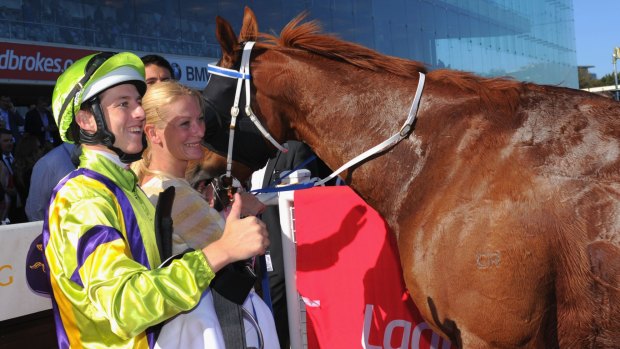 Damian Lane with Flamberge after his shock win in the Oakleigh Plate at Caulfield on Saturday.